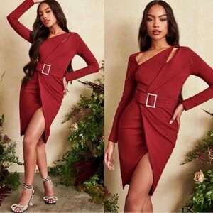 Lavish Alice rhinestone belt ponte dress cut out criss cross hems burgundy sz 4